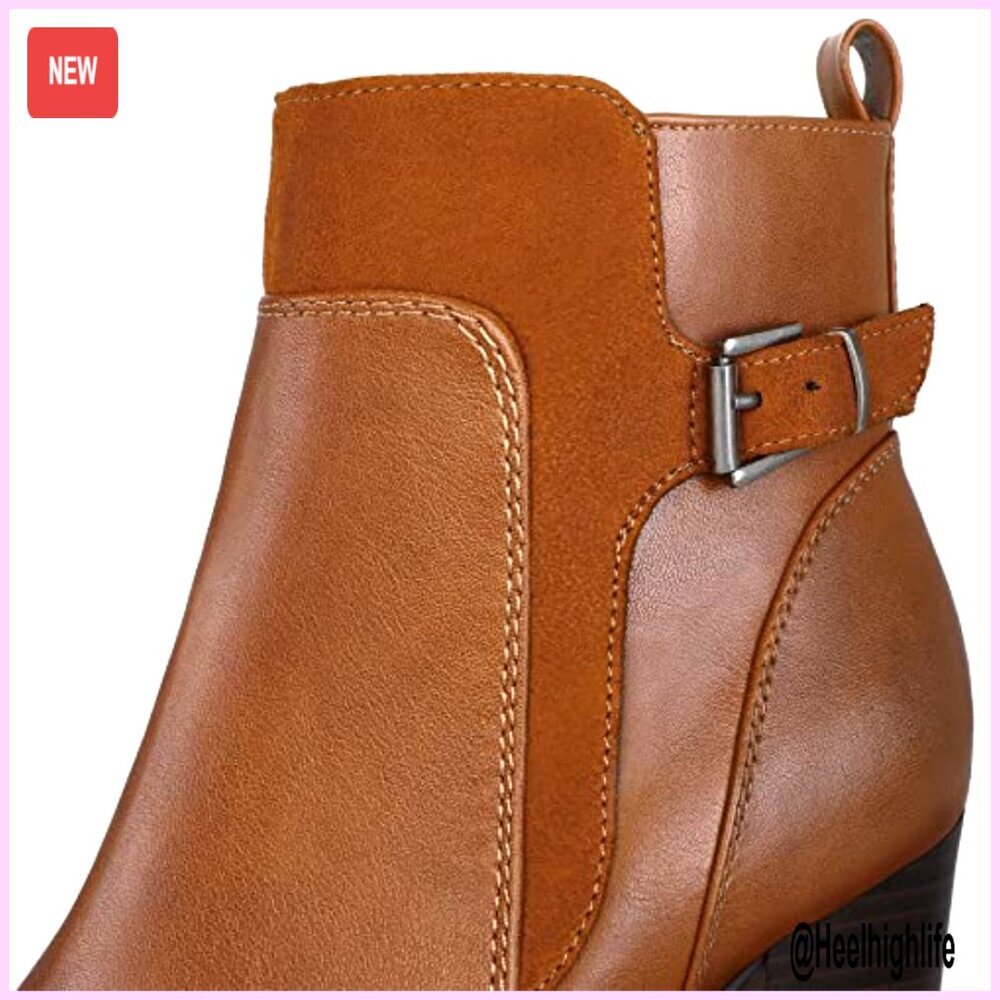 Women's Chunky Heel Ankle Boots with Side Zipper, Waterproof PU, Wide Sizes - Picture 3 of 7